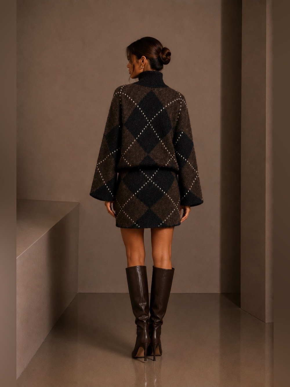 NWT Commense Argyle Wool Blend Sweater Skirt Set 🤎 Size S - Picture 2 of 9